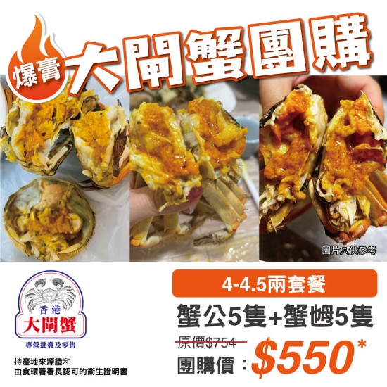 團購大閘蟹｜蟹公5隻+蟹乸5隻｜4-4.5兩｜中國江蘇｜香港大閘蟹